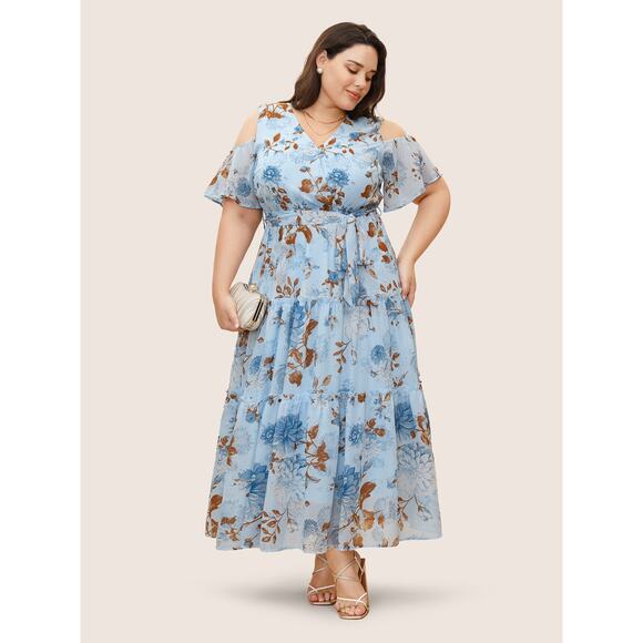 Size 28 5X Plus Size BloomChic Wrap Mesh Ruffle Sleeve Floral Dress - Picture 1 of 7
